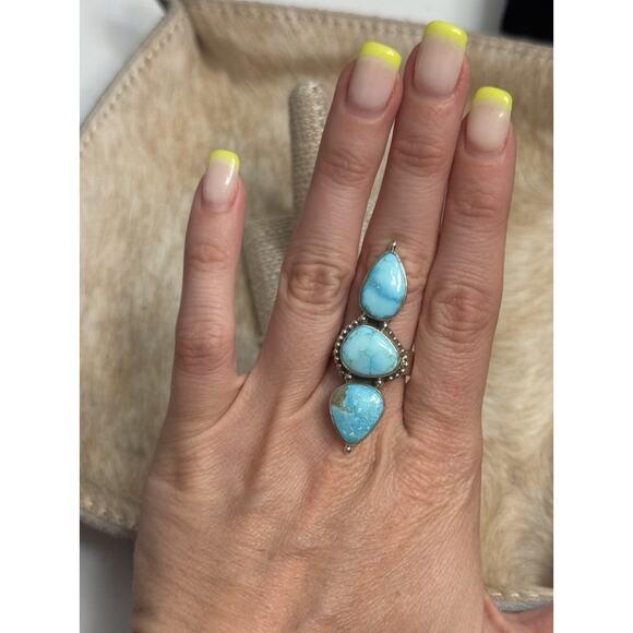 Long Native American Sterling Silver Blue Ridge Turquoise 3 Stone Ring Adjust - Picture 6 of 11